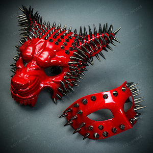 Glossy Red Steampunk Spike Wolf w/ Eye mask Couples Party Halloween Costume Mask